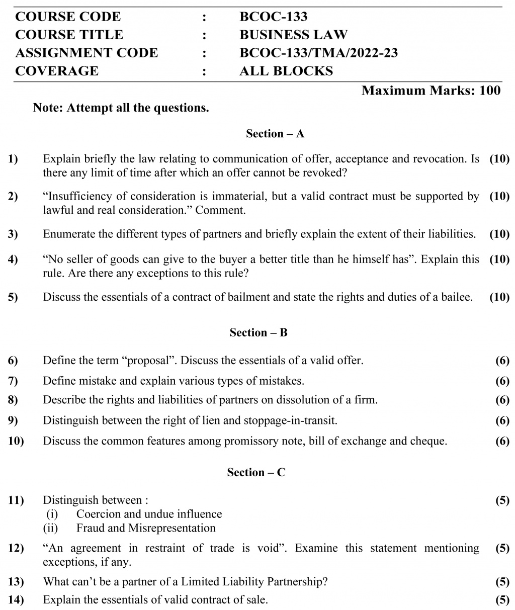 IGNOU BCOC-133 - Business Law, Latest Solved Assignment-January 2023 - December 2023