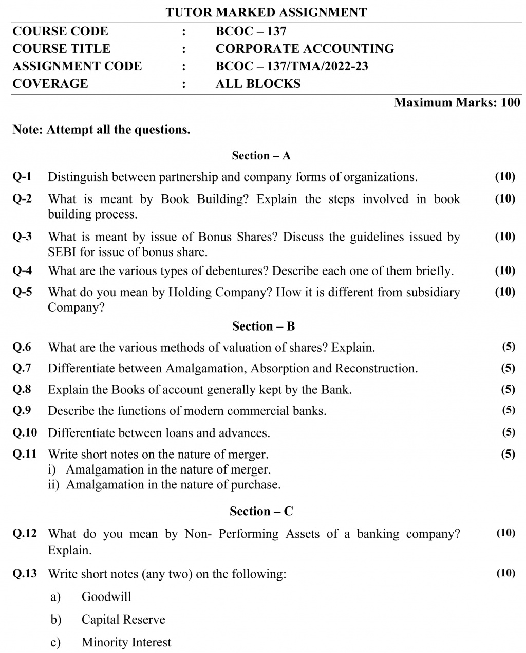 IGNOU BCOC-137 - Corporate Accounting, Latest Solved Assignment-January 2023 - December 2023