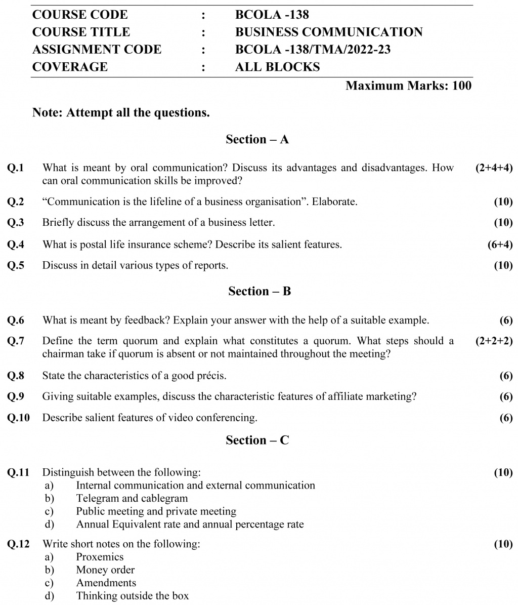 BCOLA-138 - Business Communication-January 2023 - December 2023