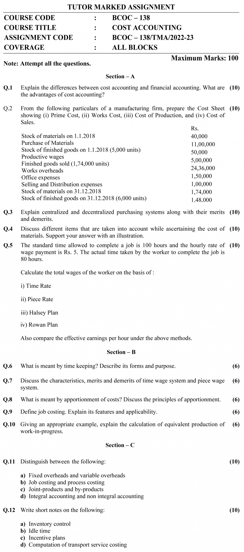 IGNOU BCOC-138 - Cost Accounting, Latest Solved Assignment-January 2023 - December 2023