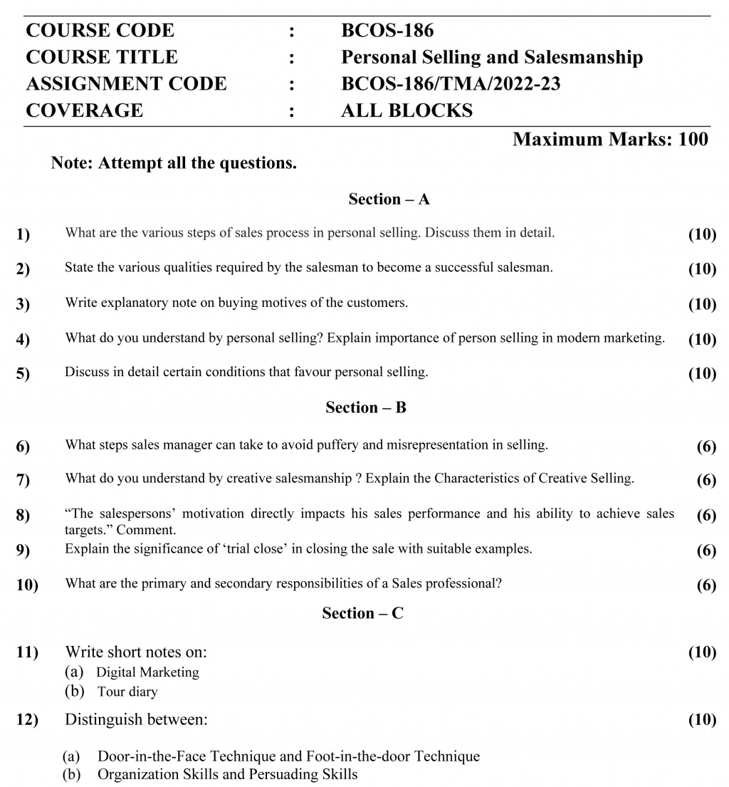 BCOS-186 - Personal Selling and Salesmanship-January 2023 - December 2023