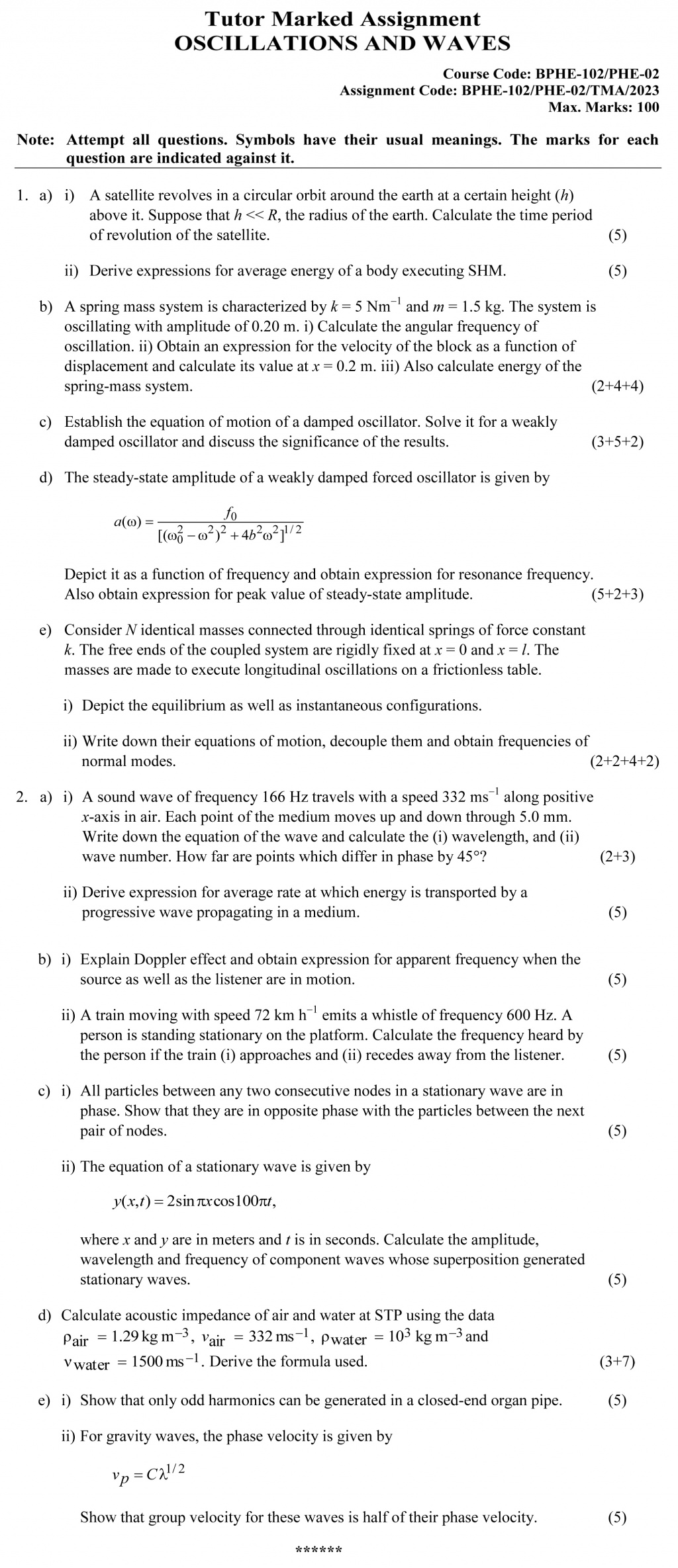 IGNOU BPHE-102/PHE-02 - Oscillations and Waves, Latest Solved Assignment-January 2023 - December 2023