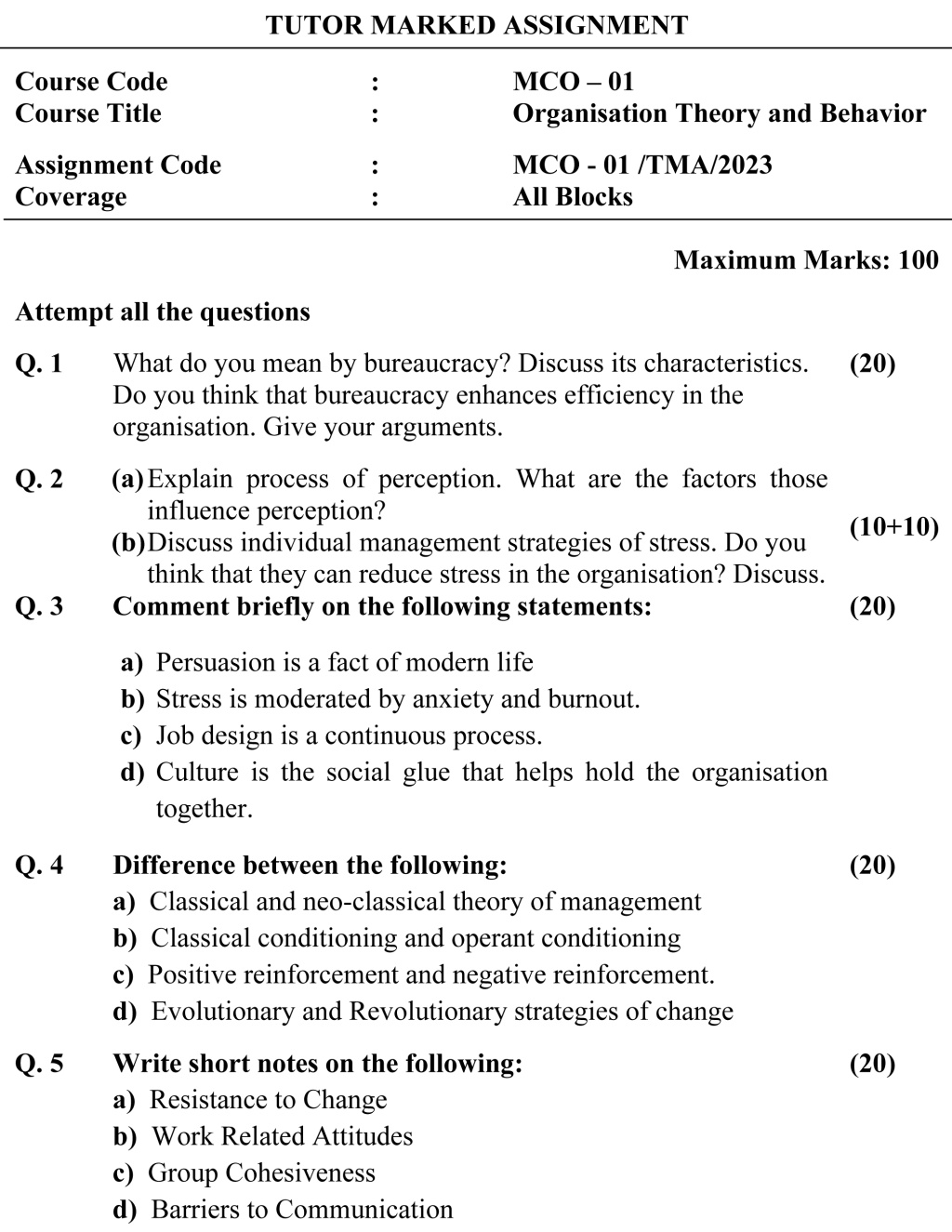 IGNOU MCO-01 - Organization Theory and Behaviour, Latest Solved Assignment -July 2022 – January 2023