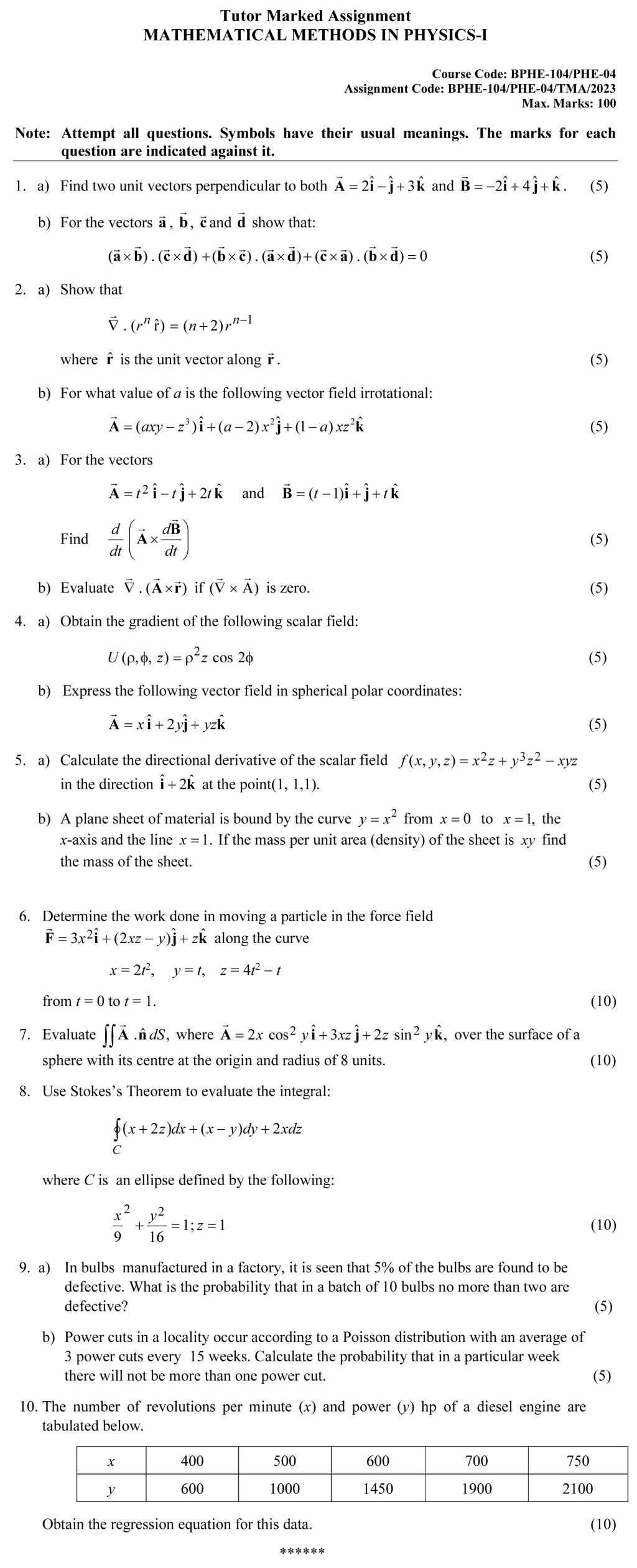 IGNOU BPHE-104/PHE-04 - Mathematical Methods in Physics-I, Latest Solved Assignment-January 2023 - December 2023