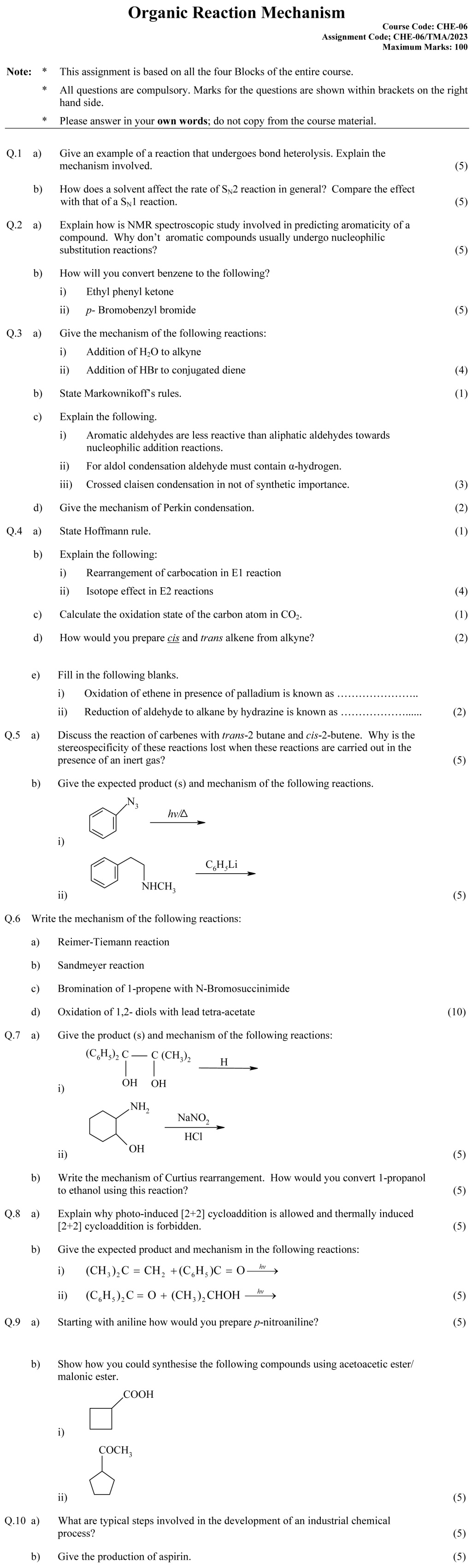 IGNOU CHE-06 - Organic Reaction Mechanism, Latest Solved Assignment-January 2023 - December 2023