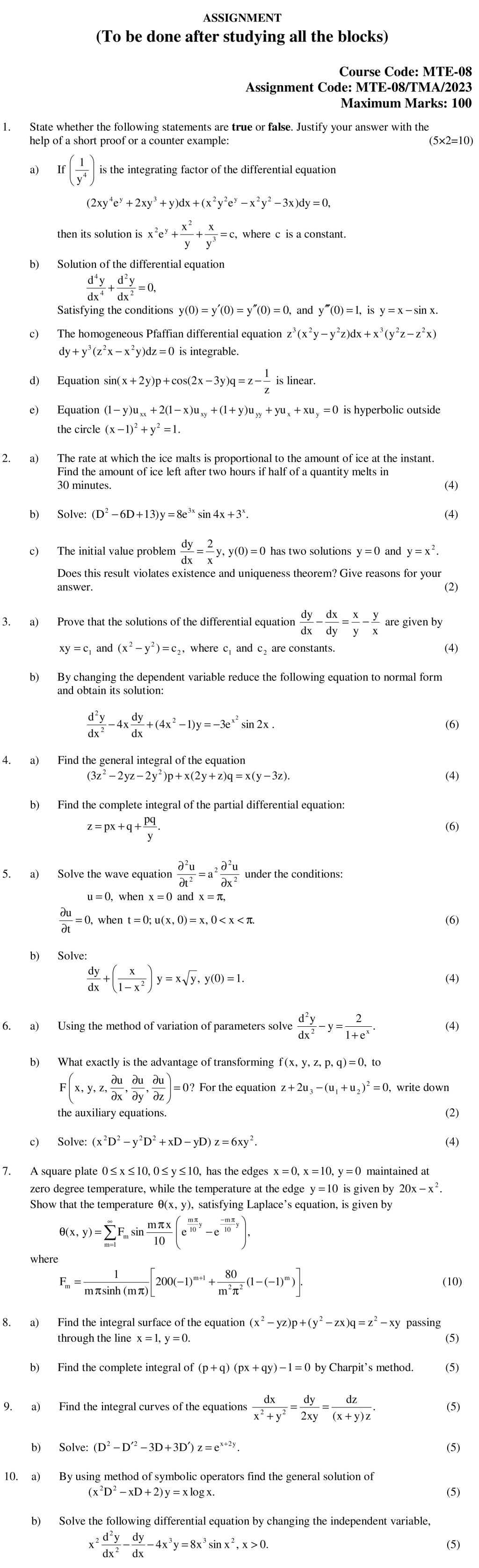 IGNOU MTE-08 - Differential Equations, Latest Solved Assignment-January 2023 - December 2023