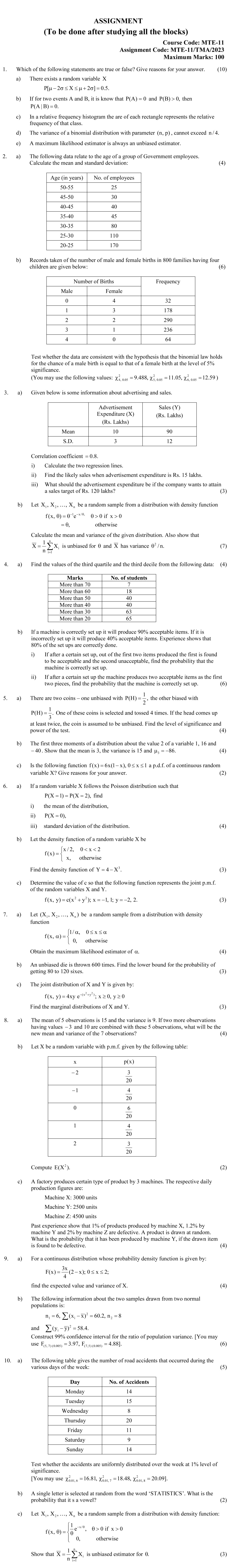 IGNOU MTE-11 - Probability and Statistics, Latest Solved Assignment-January 2023 - December 2023