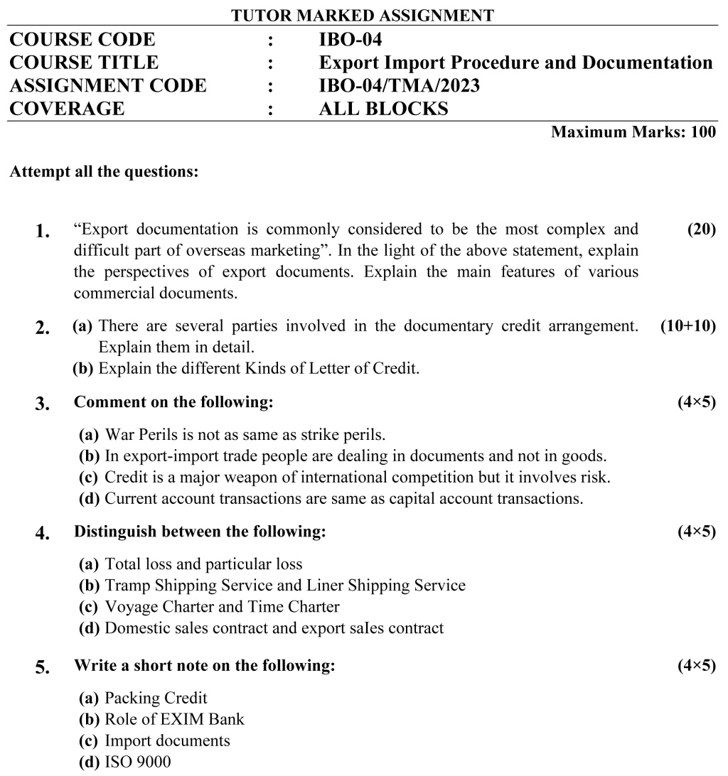 IGNOU IBO-04 (PGDIBO) - Export Import Procedures and Documentation Latest Solved Assignment -January 2023 - July 2023