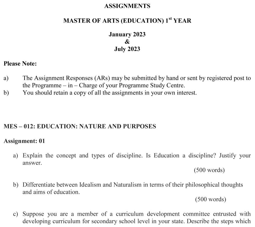 IGNOU MES-12 - Education: Nature and Purposes, Latest Solved Assignment-January 2023 - July 2023