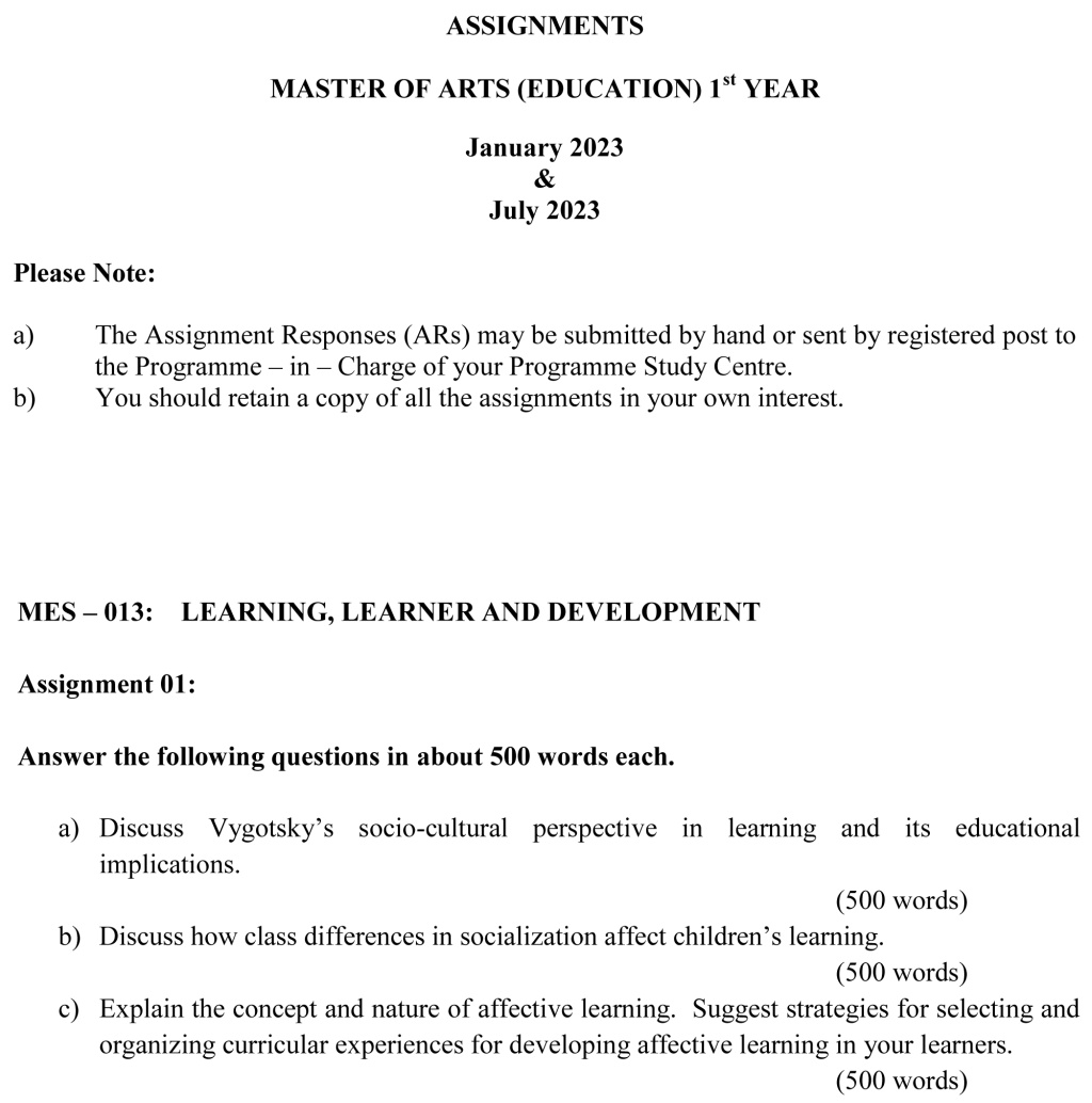 IGNOU MES-13 - Learning, Learner and Development, Latest Solved Assignment-January 2023 - July 2023