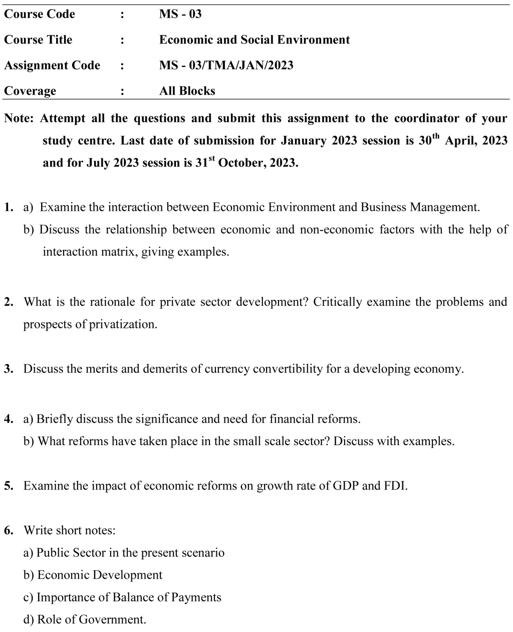 IGNOU MS-03 - Economic and Social Environment Latest Solved Assignment-January 2023 - July 2023