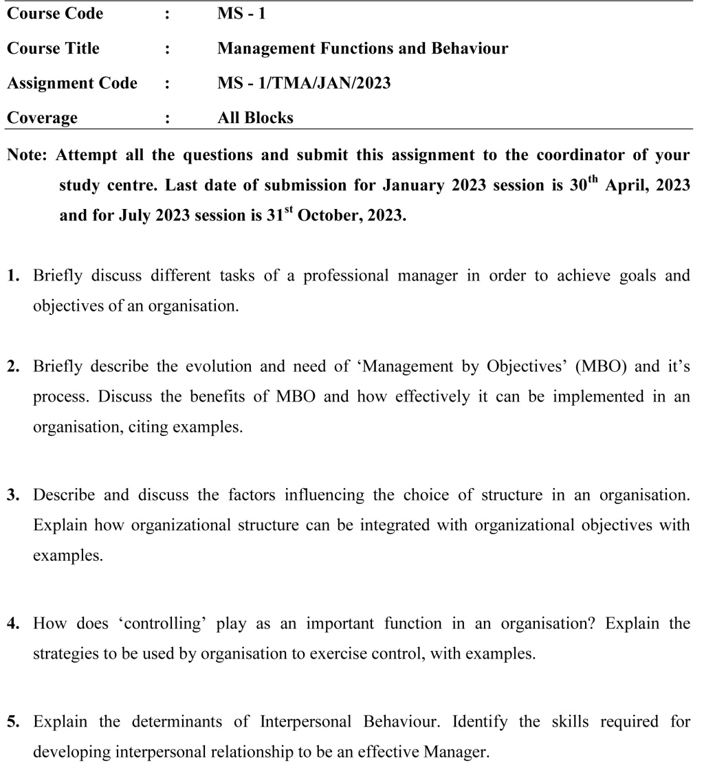 IGNOU MS-01 - Management Functions and Behaviour Latest Solved Assignment-January 2023 - July 2023