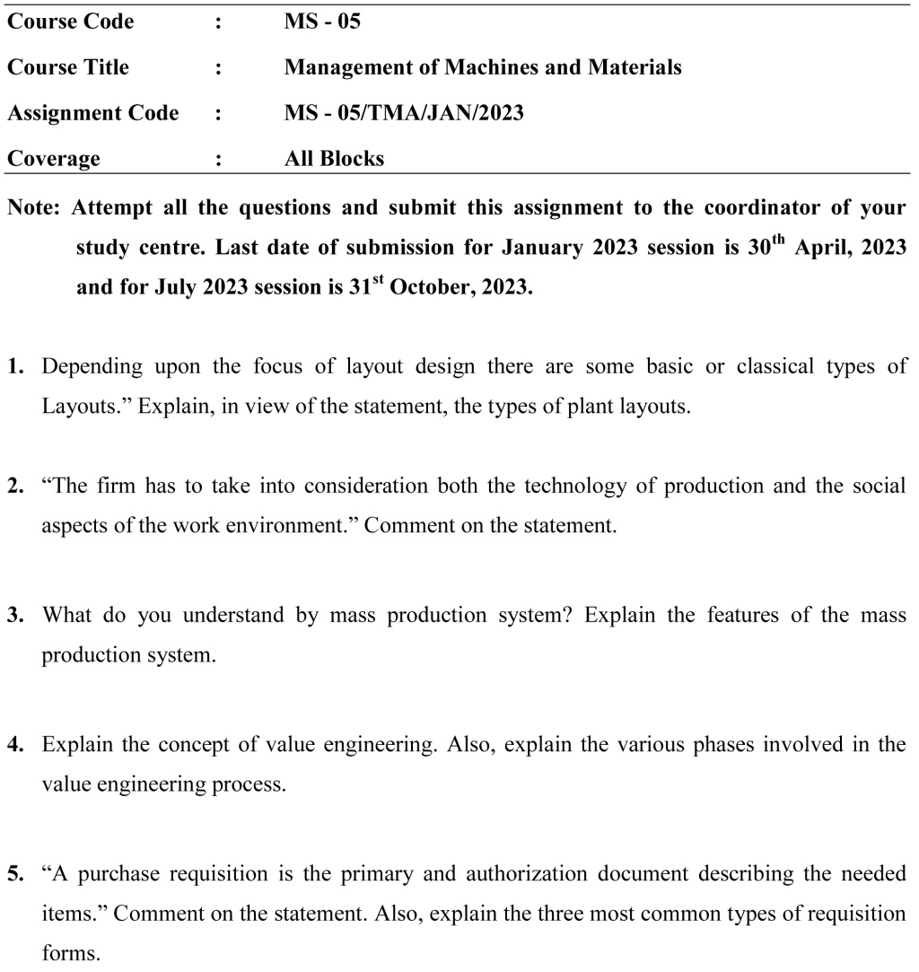 IGNOU MS-05 - Management of Machines and Materials (MS) Latest Solved Assignment-January 2023 - July 2023