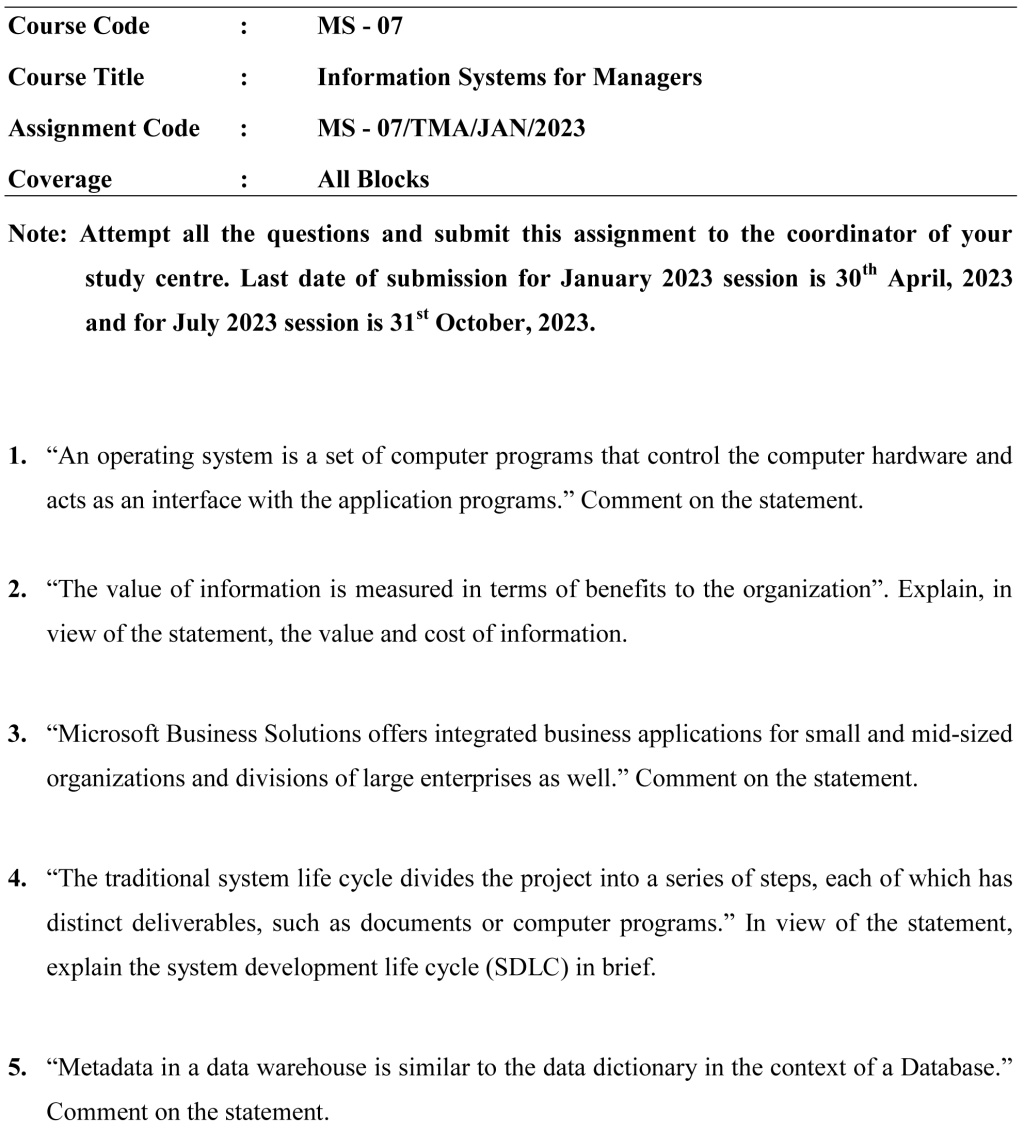 IGNOU MS-07 - Information Systems for Managers Latest Solved Assignment-January 2023 - July 2023