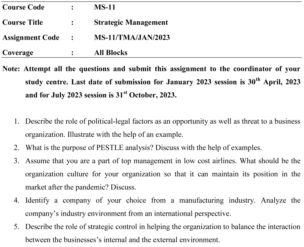 IGNOU MS-11 - Strategic Management (MS) Latest Solved Assignment-January 2023 - July 2023