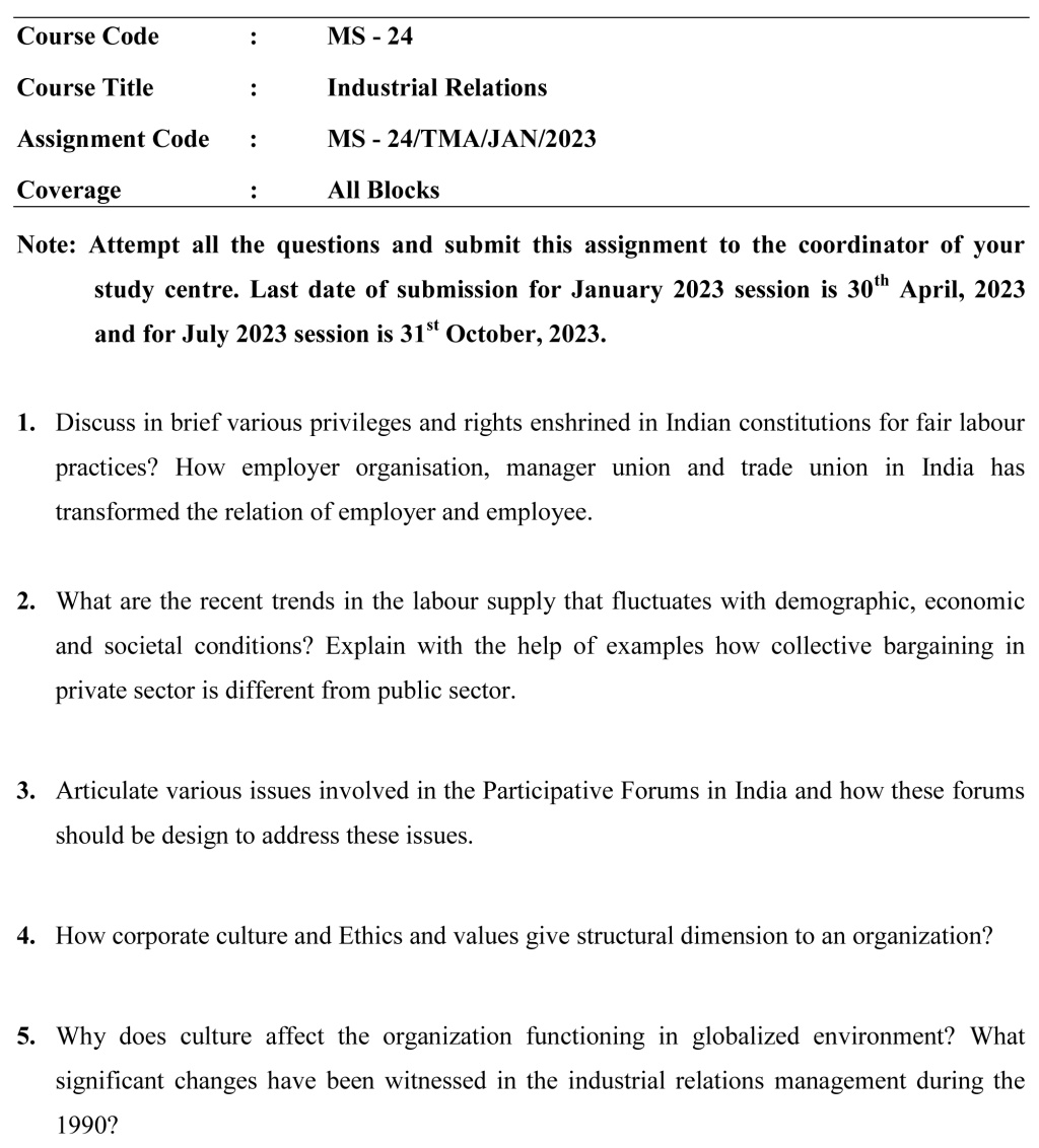 IGNOU MS-24 - Employment Relations Latest Solved Assignment-January 2023 - July 2023