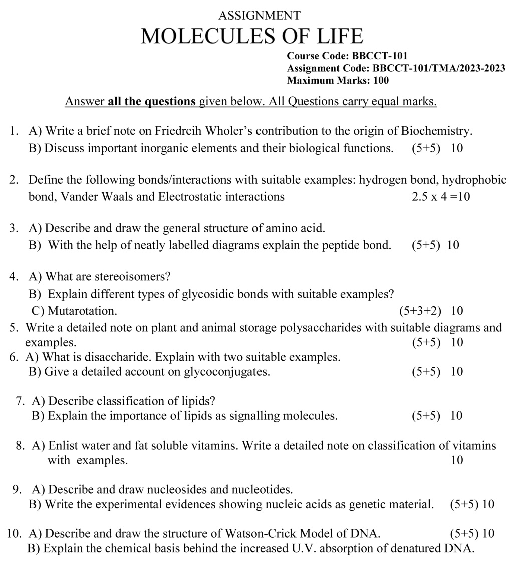 IGNOU BBCCT-101 - Molecules of Life, Latest Solved Assignment-January 2023 - December 2023