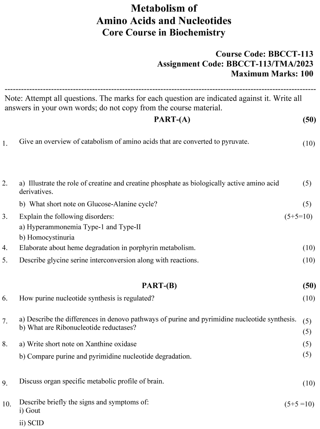 IGNOU BBCCT-113 - Metabolism of Amino Acids and Nucleotides, Latest Solved Assignment-January 2023 - December 2023