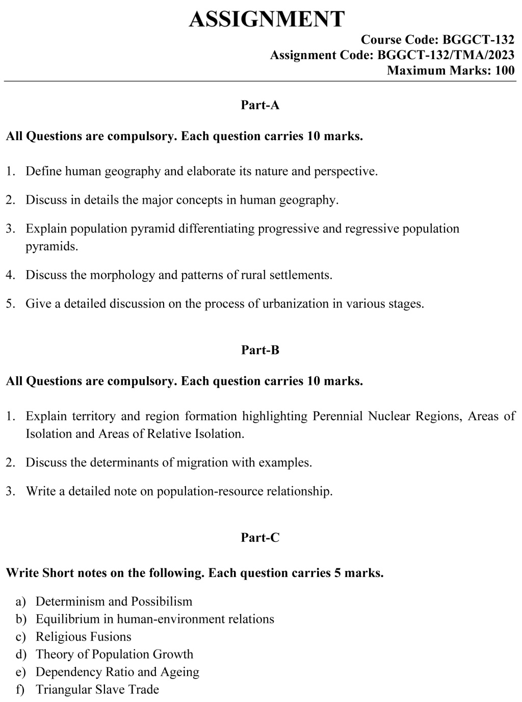 IGNOU BGGCT-132 - Human Geography, Latest Solved Assignment-January 2023 - December 2023