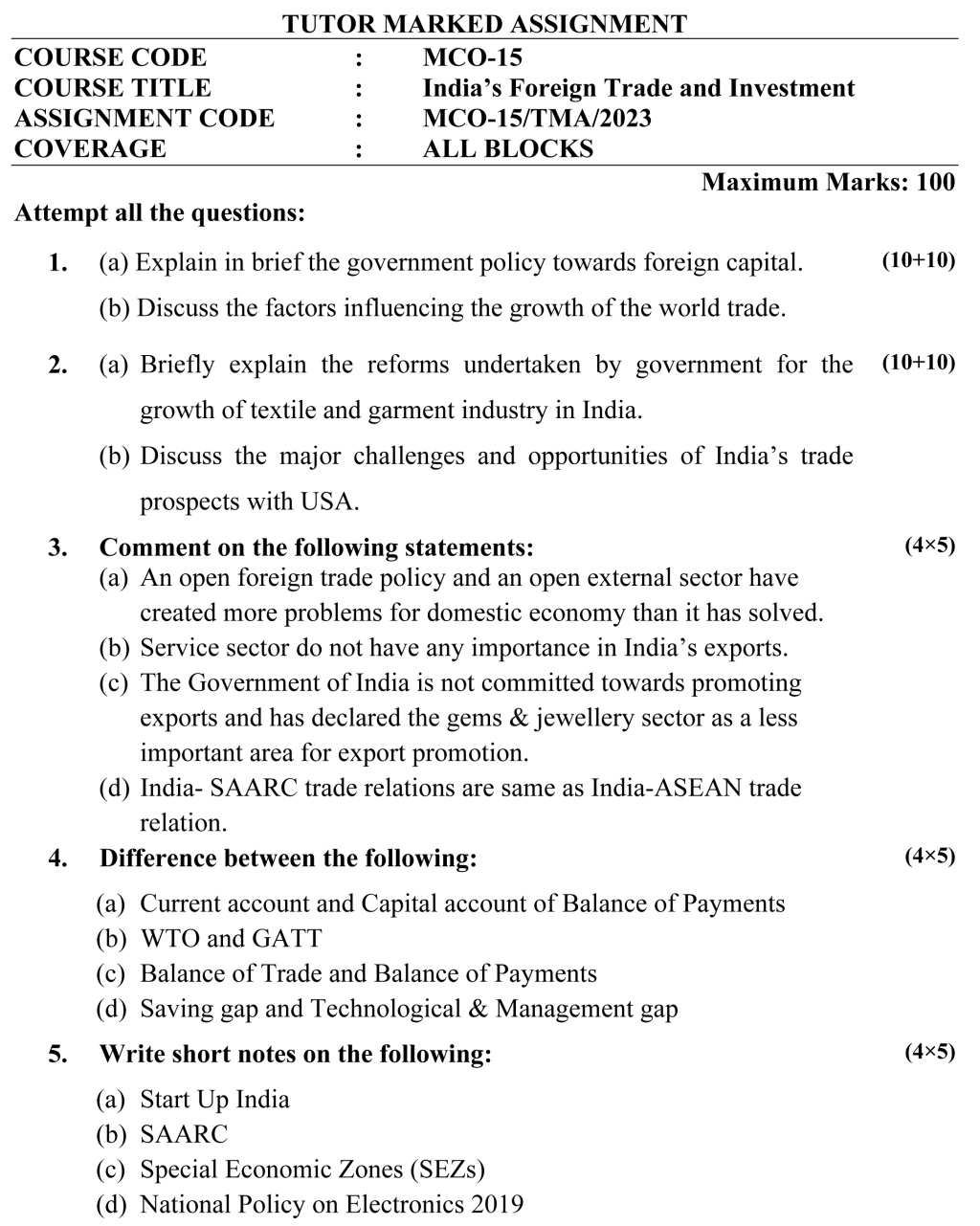 IGNOU MCO-15 - India’s Foreign Trade and Investment  Latest Solved Assignment -January 2023 - July 2023