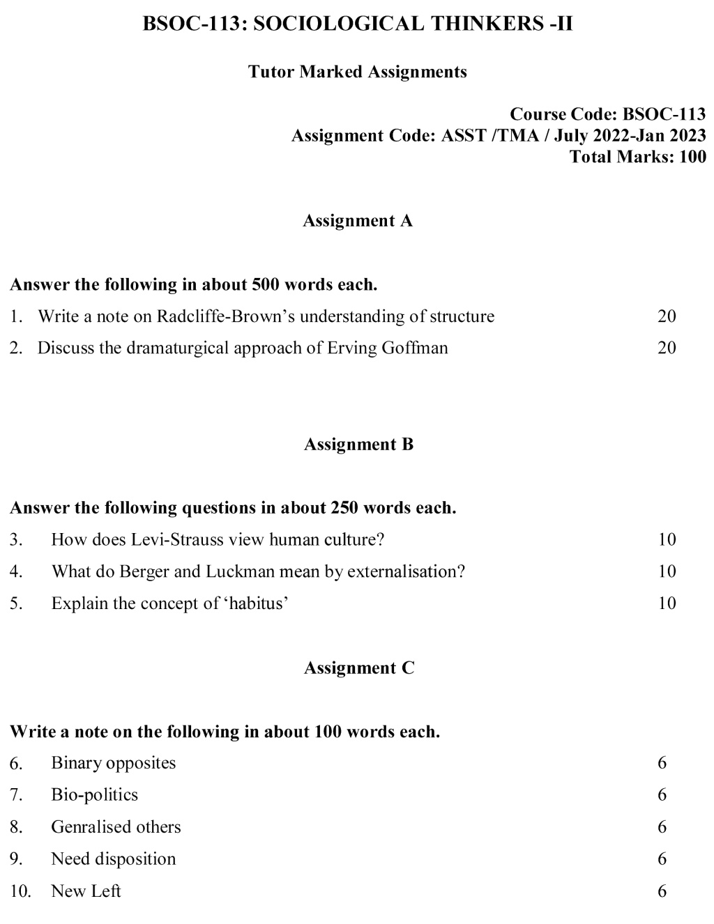 IGNOU BSOC-113 - Sociological Thinkers -II  Latest Solved Assignment-July 2022 – January 2023