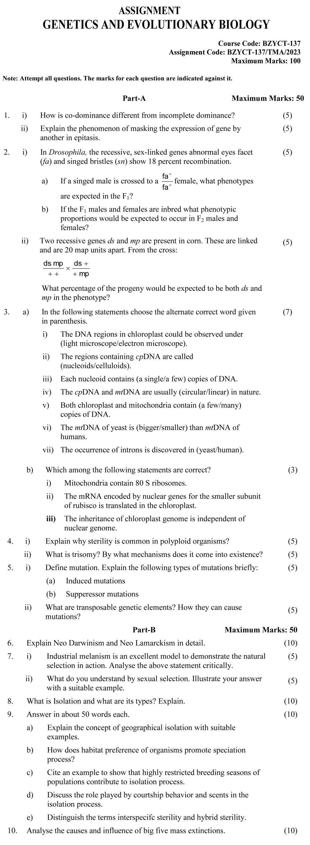 IGNOU BZYCT-137 - Genetics and Evolutionary Biology, Latest Solved Assignment-January 2023 - December 2023