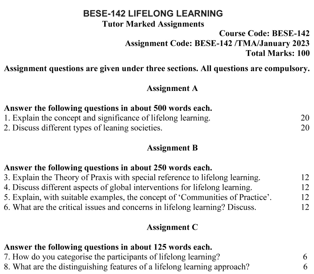 IGNOU BESE-142 - Life Long Learning Latest Solved Assignment-January 2023 - July 2023