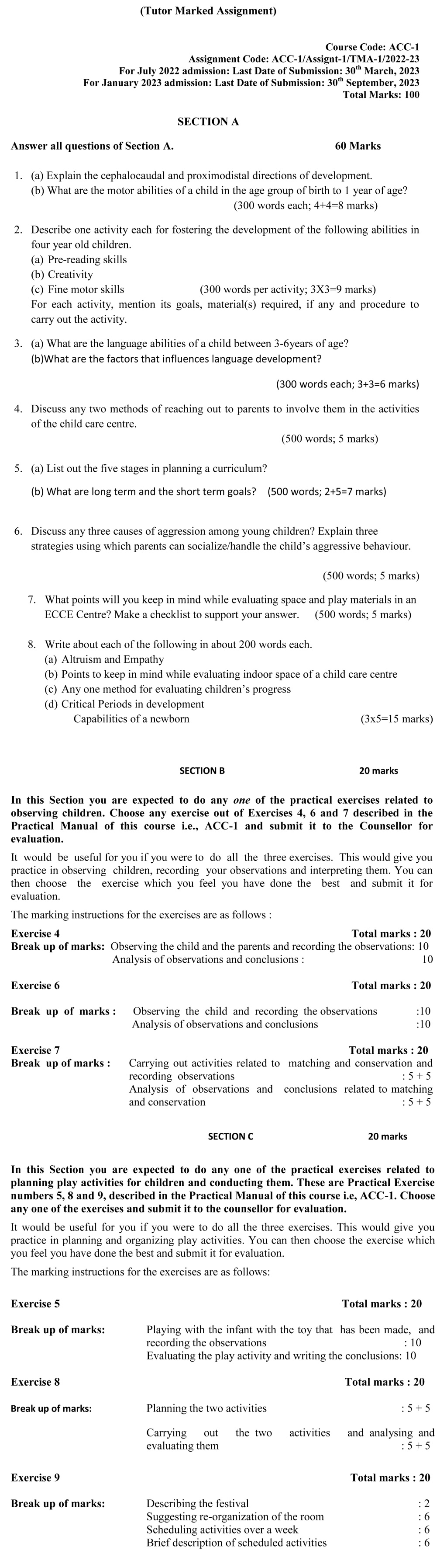 IGNOU ACC-01 - Organising Child Care Services, Latest Solved Assignment-July 2022 – January 2023