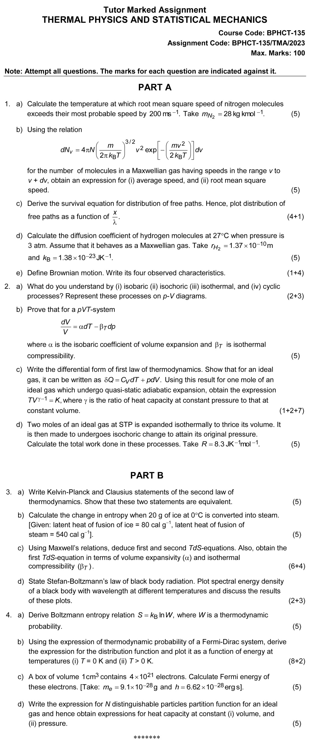 IGNOU BPHCT-135 - Thermal Physics and Statistical Mechanics latest Solved Assignment-January 2023 - December 2023