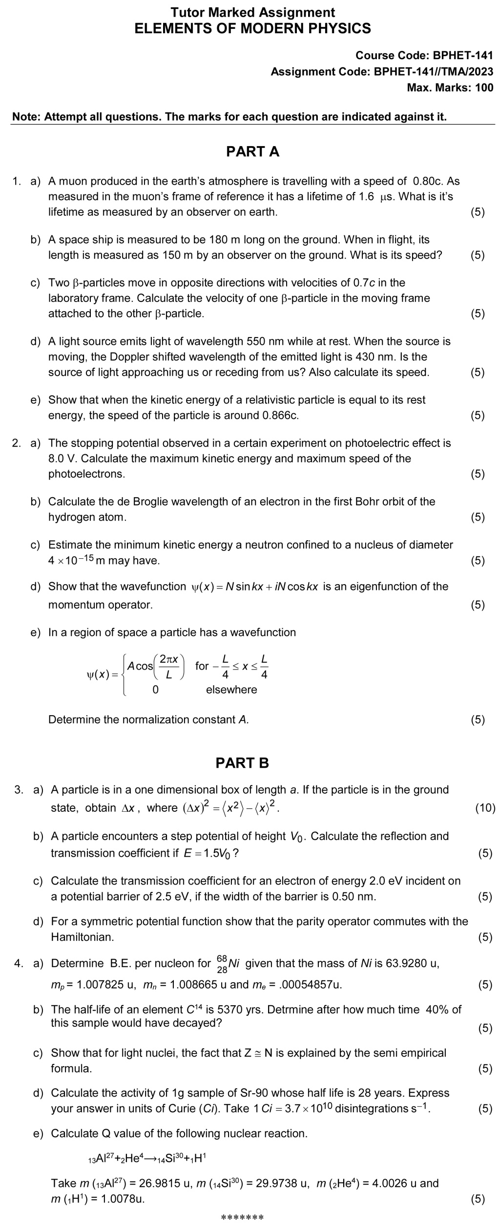 IGNOU BPHET-141 - Elements of Modern Physics Latest Solved Assignment-January 2023 - December 2023