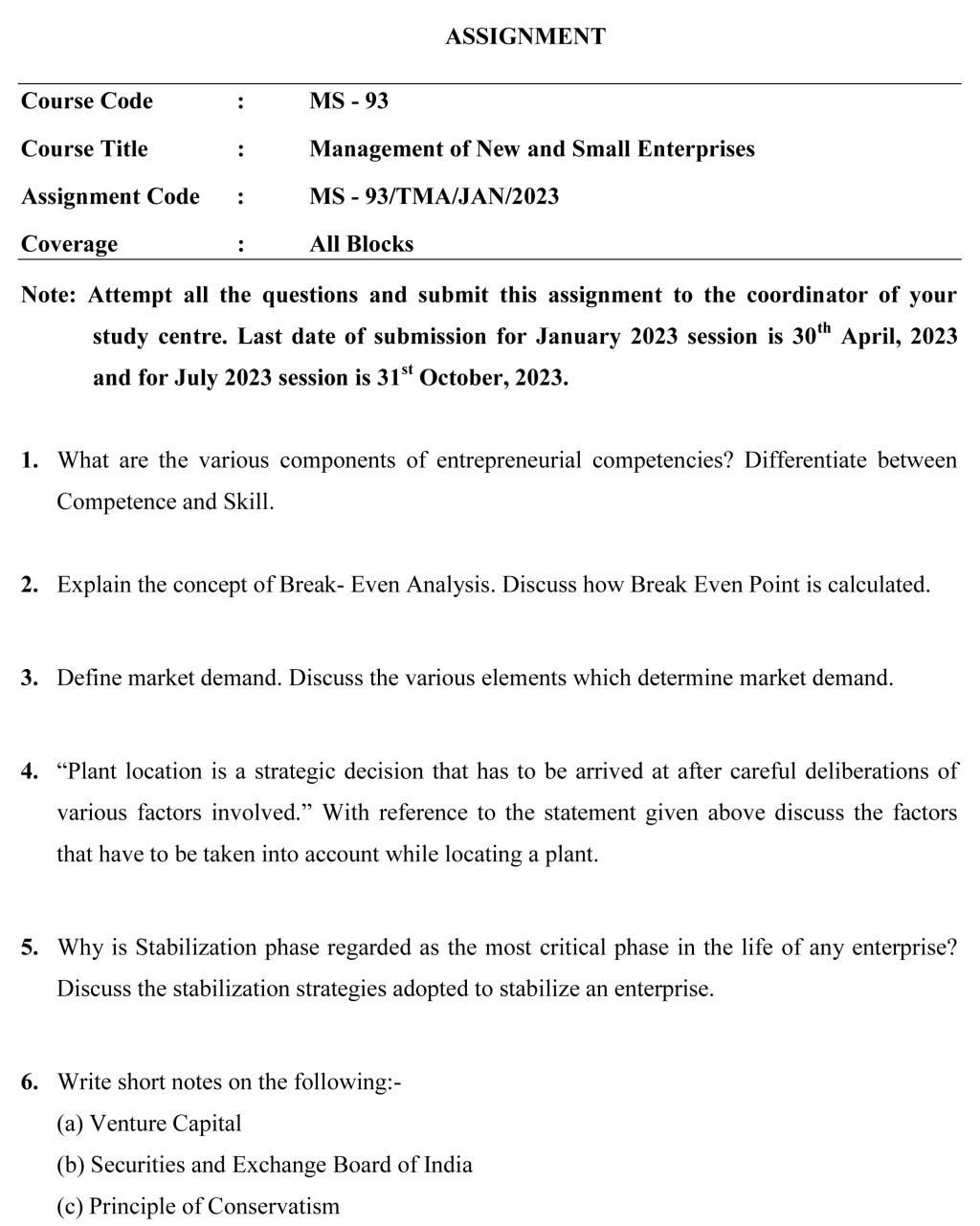 IGNOU MS-93 - Management of New and Small Enterprises Latest Solved Assignment-January 2023 - July 2023