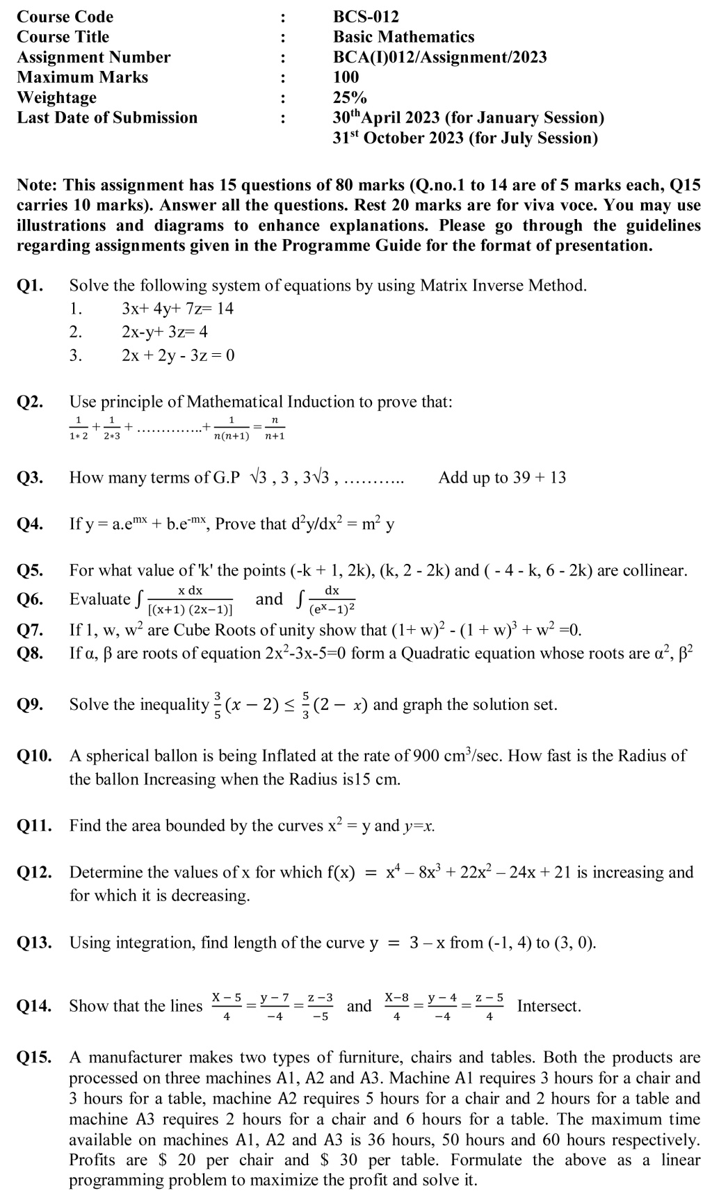 IGNOU BCS-12 - Basic Mathematics, Latest Solved Assignment-January 2023 - July 2023