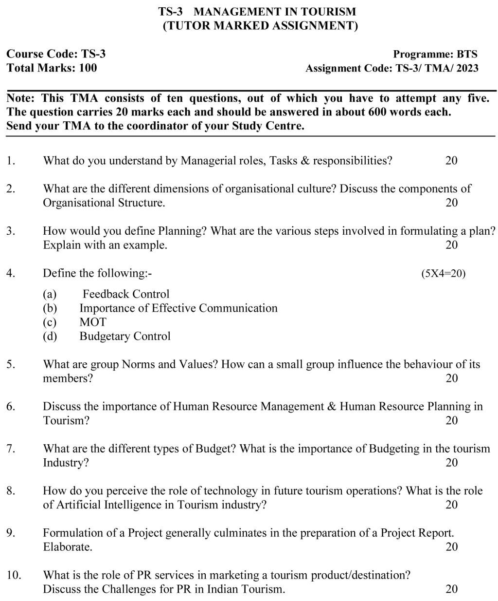 IGNOU TS-03 - Management in Tourism, Latest Solved Assignment-January 2023 - July 2023