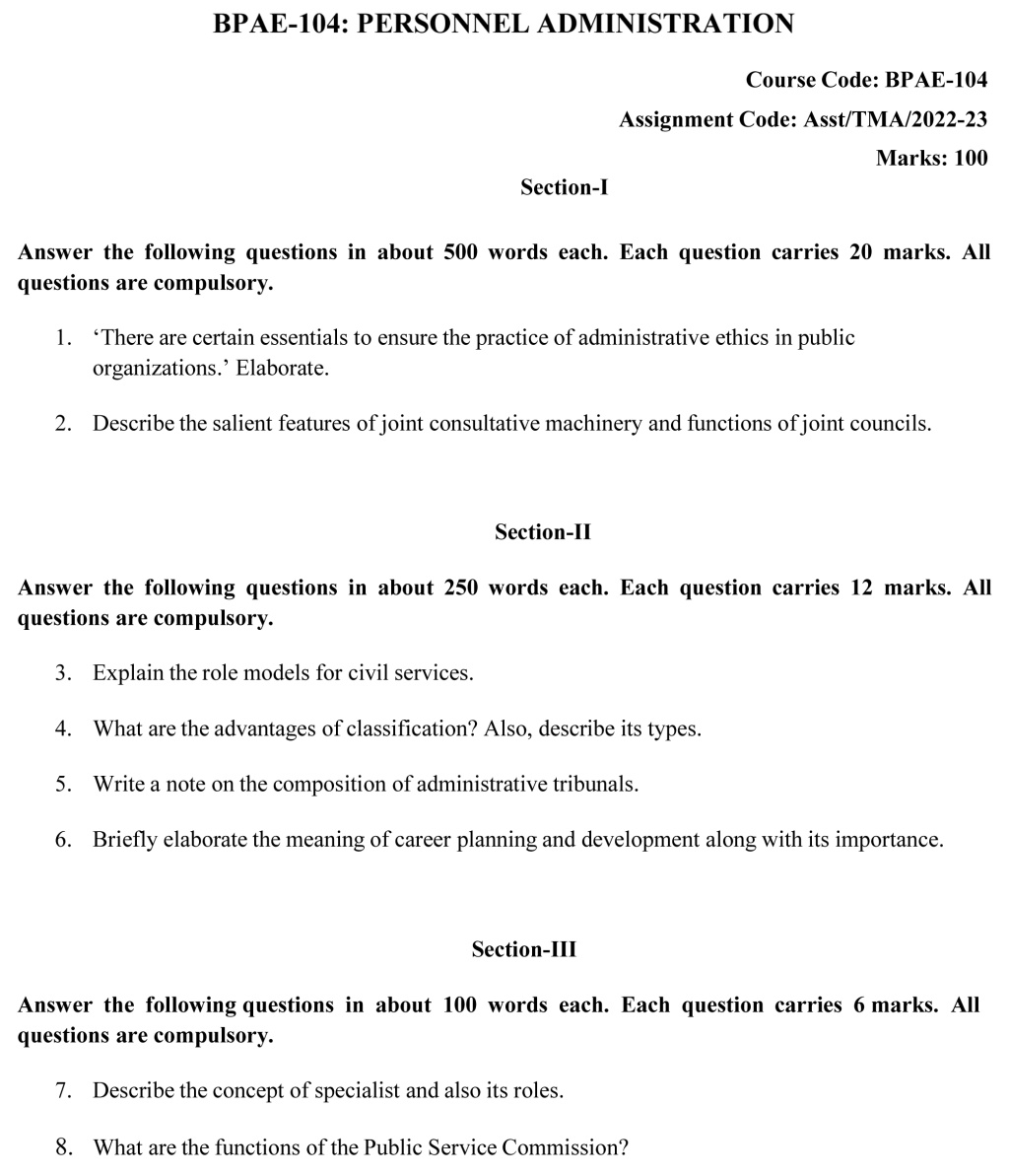 IGNOU BPAE-104 - Personnel Administration, Latest Solved Assignment-July 2022 - January 2023