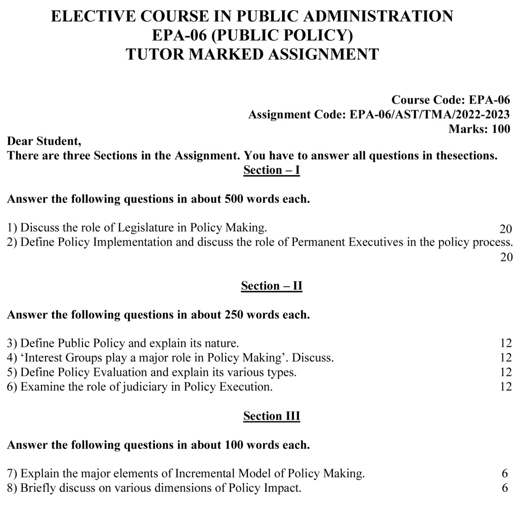 IGNOU EPA-06 - Public Policy, Latest Solved Assignment-July 2022 - January 2023