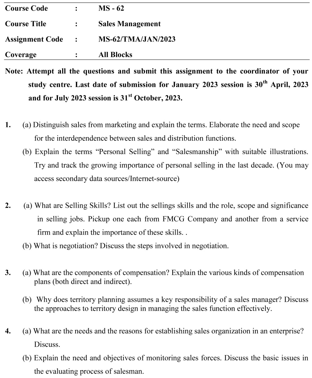 IGNOU MS-62 - Sales Management Latest Solved Assignment-January 2023 - July 2023