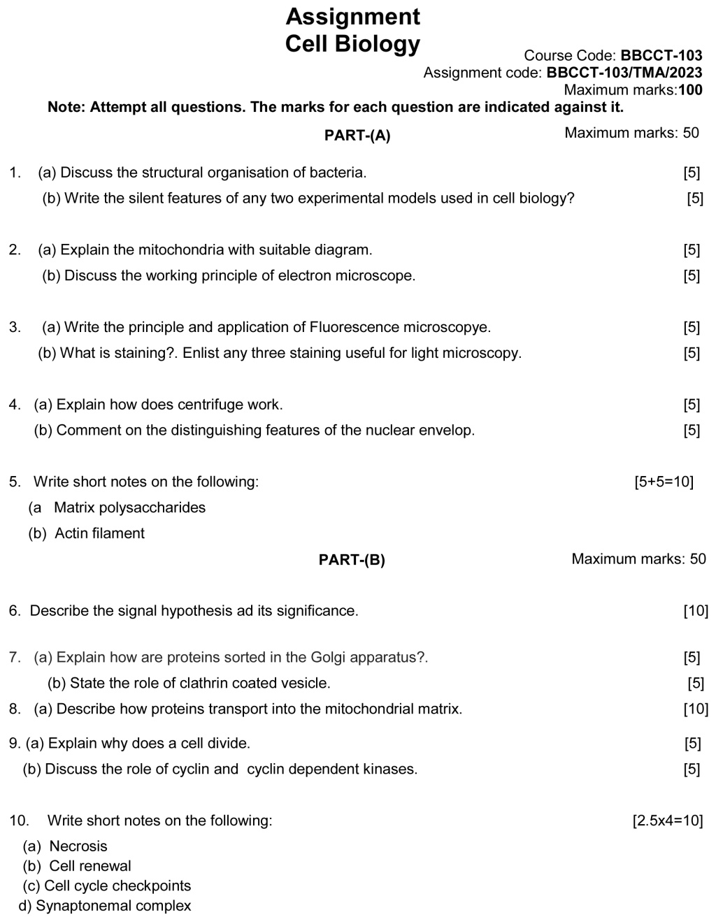 IGNOU BBCCT-103 - Cell Biology, Latest Solved Assignment-January 2023 - December 2023