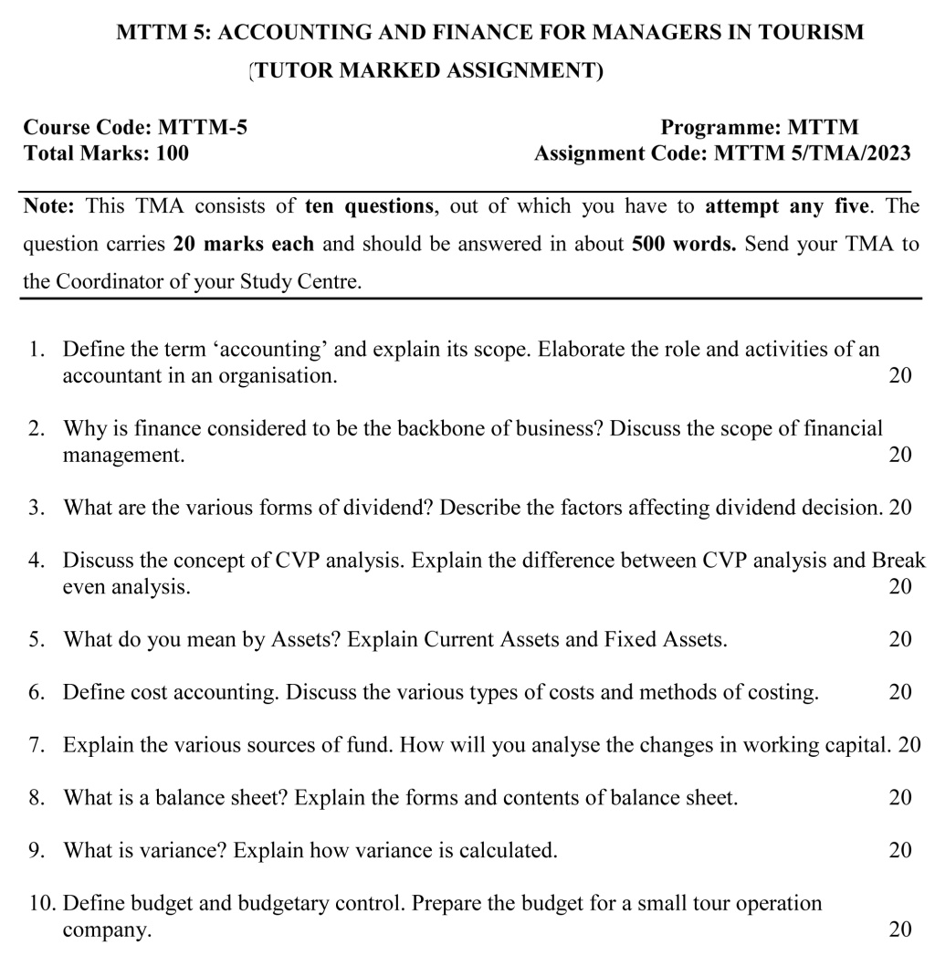 IGNOU MTM-05/MTTM-05 - Accounting and Finance for Managers in Tourism, Latest Solved Assignment-January 2023 - July 2023