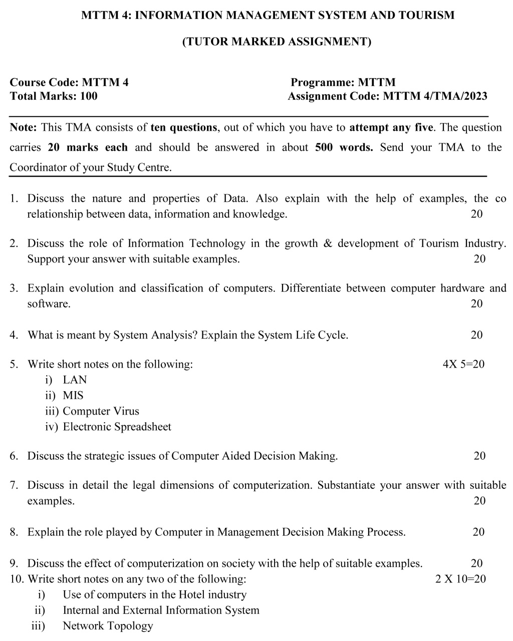 IGNOU MTM-04/MTTM-04 - Information Management Systems and Tourism, Latest Solved Assignment-January 2023 - July 2023