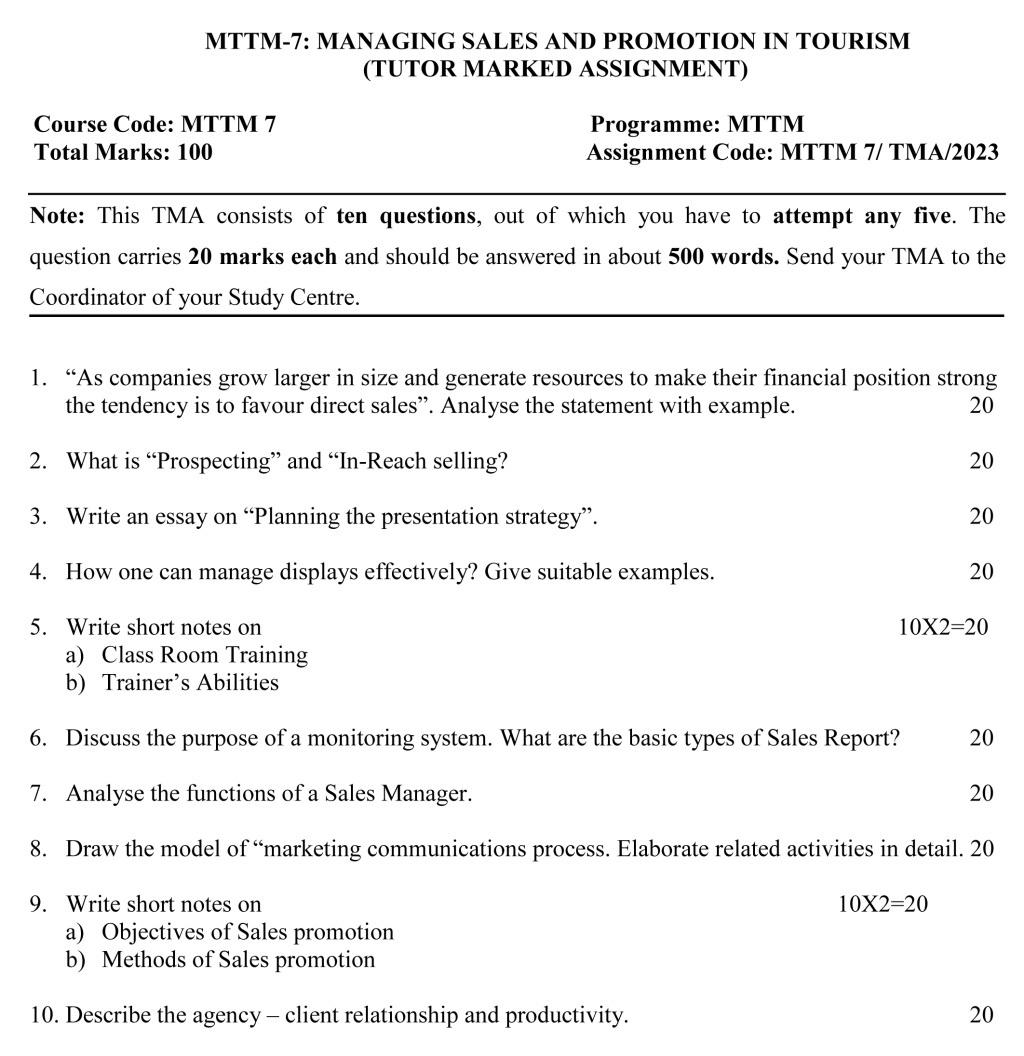 IGNOU MTM-07/MTTM-07 - Managing Sales and Promotion in Tourism, Latest Solved Assignment-January 2023 - July 2023