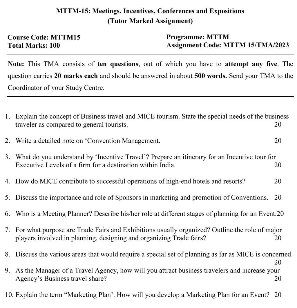 IGNOU MTM-15/MTTM-15 - Meetings, Incentives, Conference and Expositions (MICE), Latest Solved Assignment-January 2023 - July 2023