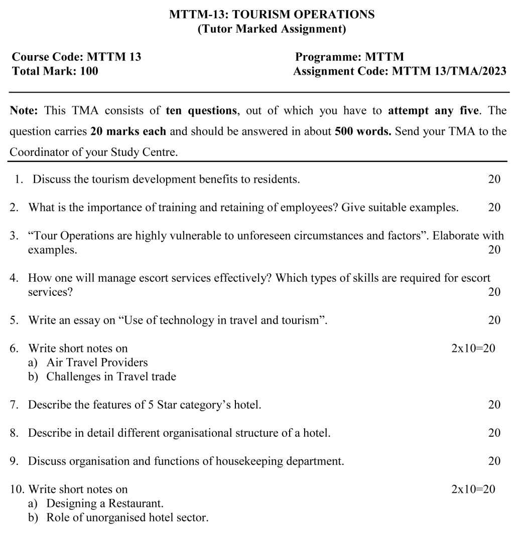 IGNOU MTM-13/MTTM-13 - Tourism Operations, Latest Solved Assignment-January 2023 - July 2023