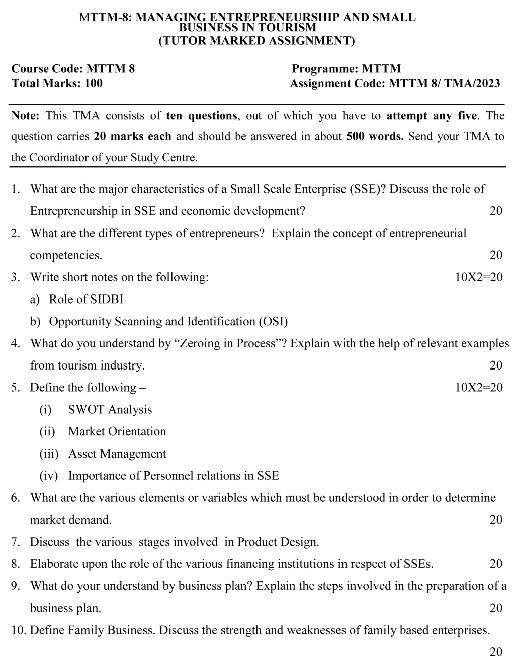 IGNOU MTM-08/MTTM-08 - Managing Small Scale Enterprises in Tourism, Latest Solved Assignment-January 2023 - July 2023