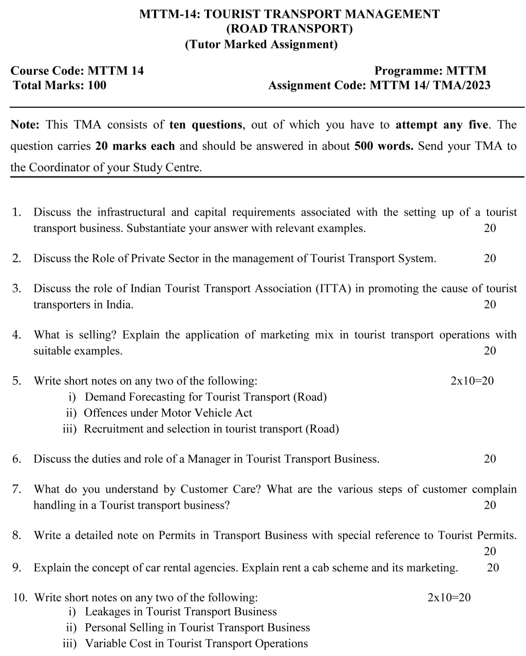 IGNOU MTM-14/MTTM-14 - Tourist Transport Operations (Road Transport), Latest Solved Assignment-January 2023 - July 2023