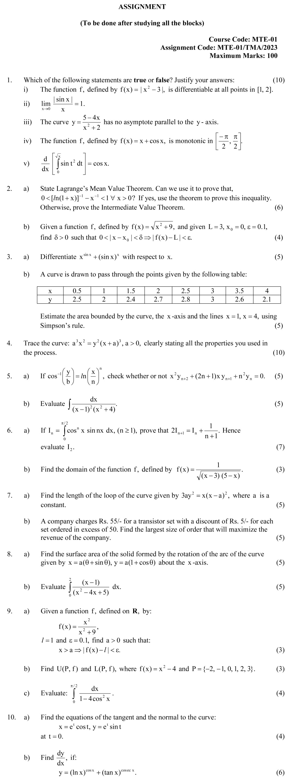 IGNOU MTE-01 - Calculus, Latest Solved Assignment-January 2023 - December 2023