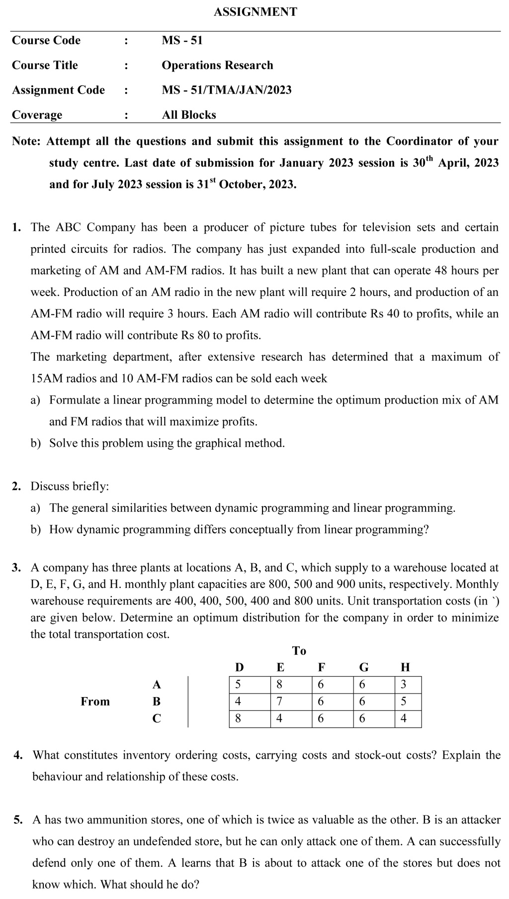 IGNOU MS-51 - Operations Research Latest Solved Assignment-January 2023 - July 2023