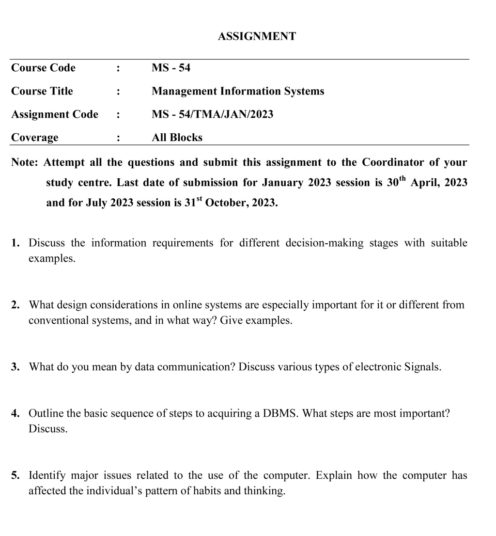 IGNOU MS-54 - Management of Information System Latest Solved Assignment-January 2023 - July 2023