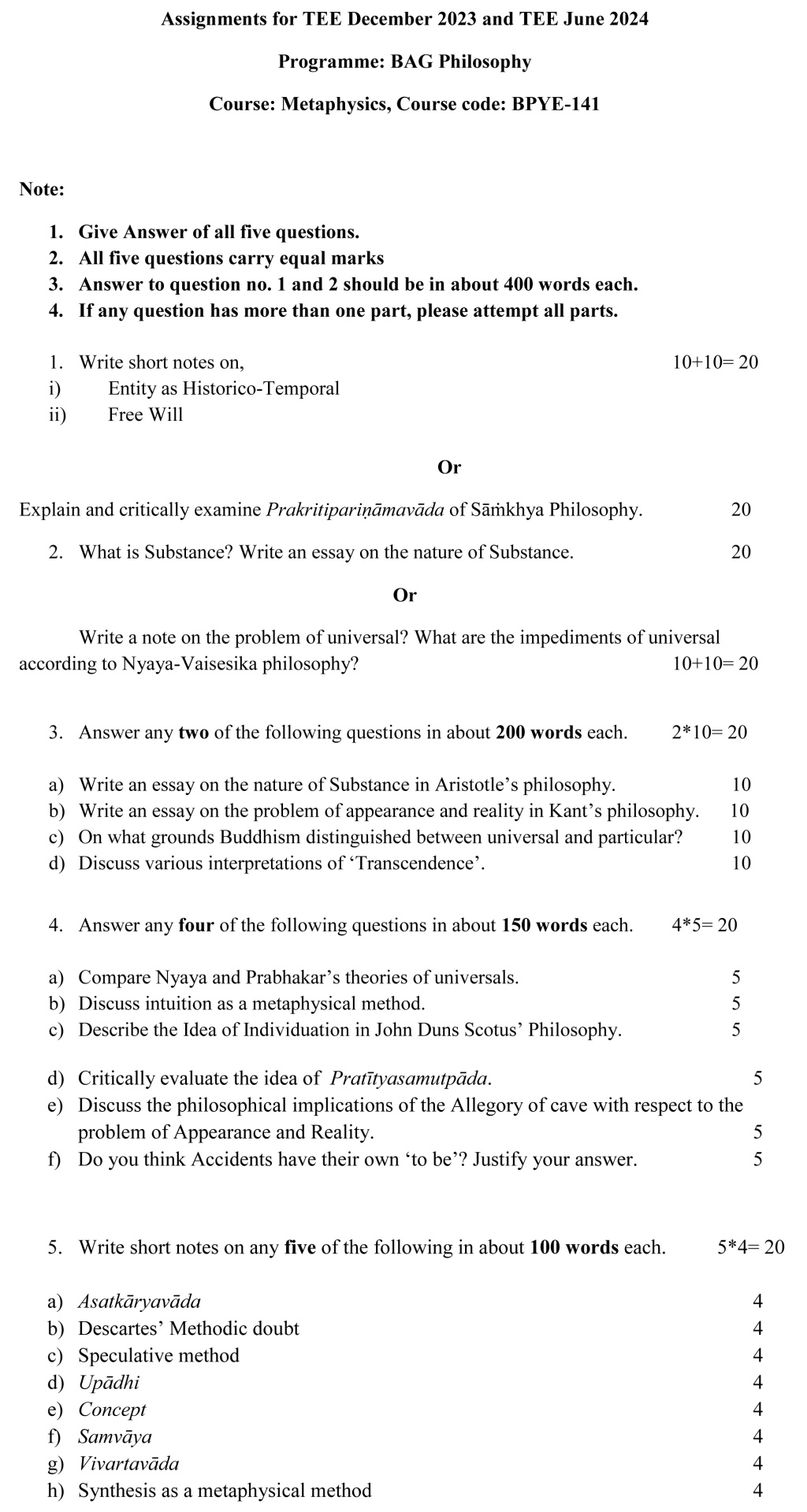 IGNOU BPYE-141 - Metaphysics Latest Solved Assignment-December 2023 - June 2024