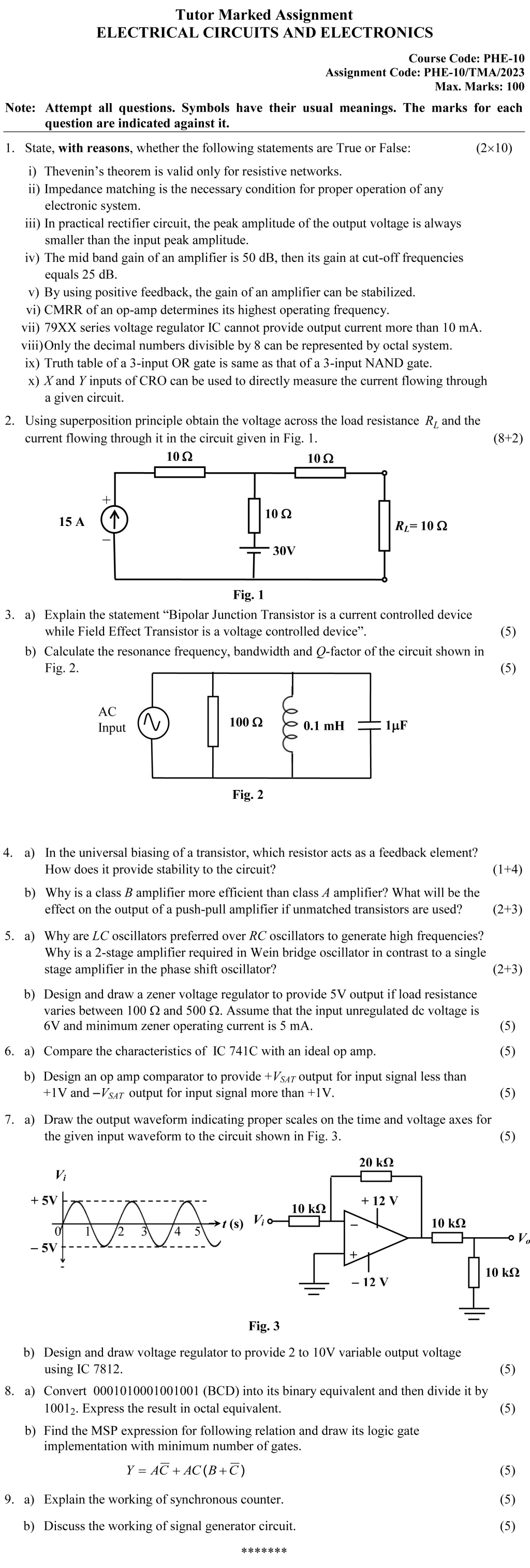 IGNOU PHE-10 - Electrical Circuits and Electronics, Latest Solved Assignment-January 2023 - December 2023