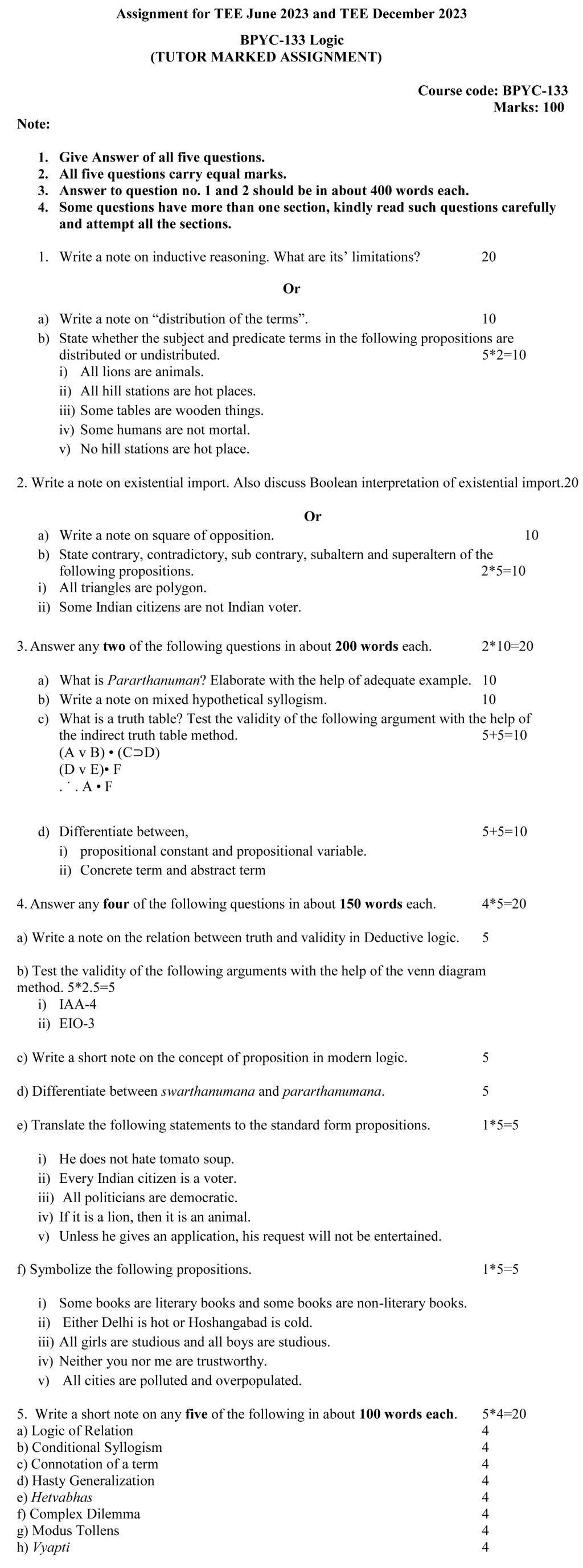 IGNOU BPYC-133 - Logic, Latest Solved Assignment -June 2023 - December 2023